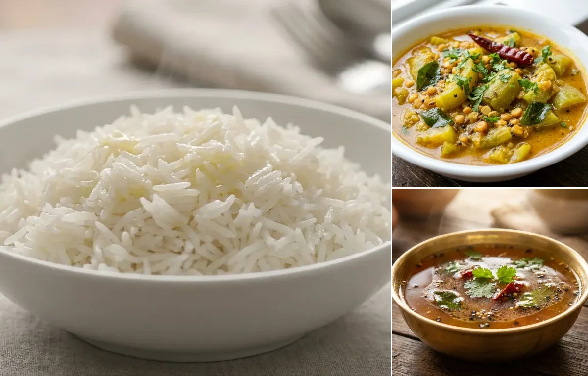 Steamed Basmati Rice with Beerakaya Kura and Miriyala Charu