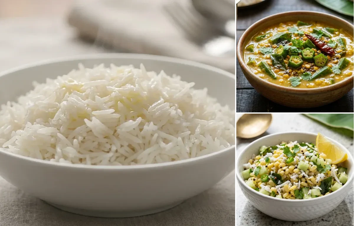 Steamed Basmati Rice with Bendekayi Huli and Southekai Kosambari