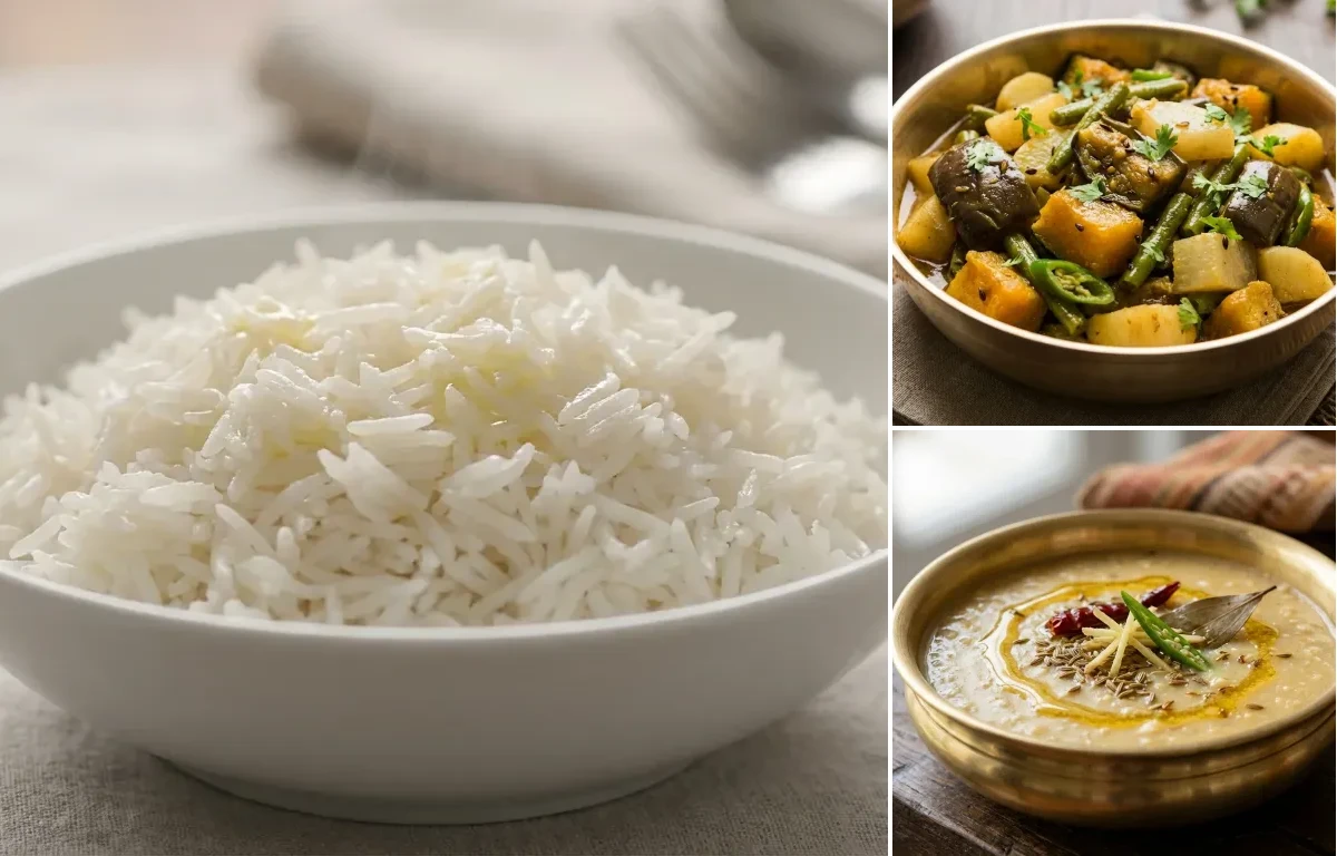 Steamed Basmati Rice with Bengali Chorchori and Biulir Dal