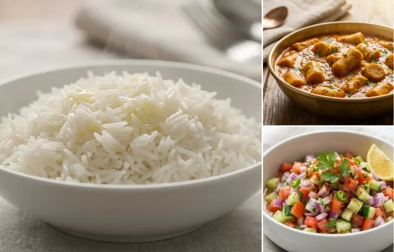 Steamed Basmati Rice with Besan Gatte ki Sabzi