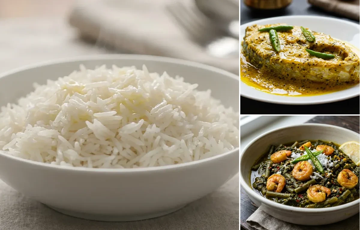 Steamed Basmati Rice with Bhapa Ilish and Kochu Shak diye Chingri