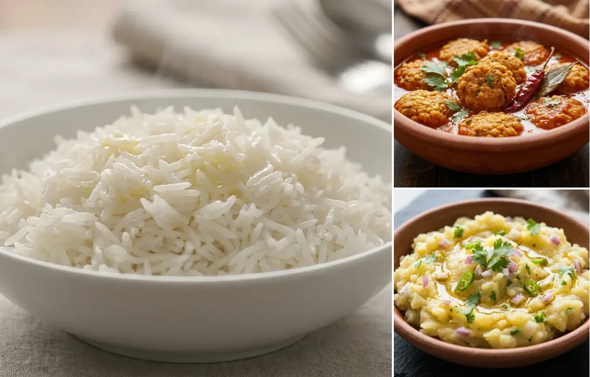 Steamed Basmati Rice with Bilahi Boror Anja and Aloo Pitika