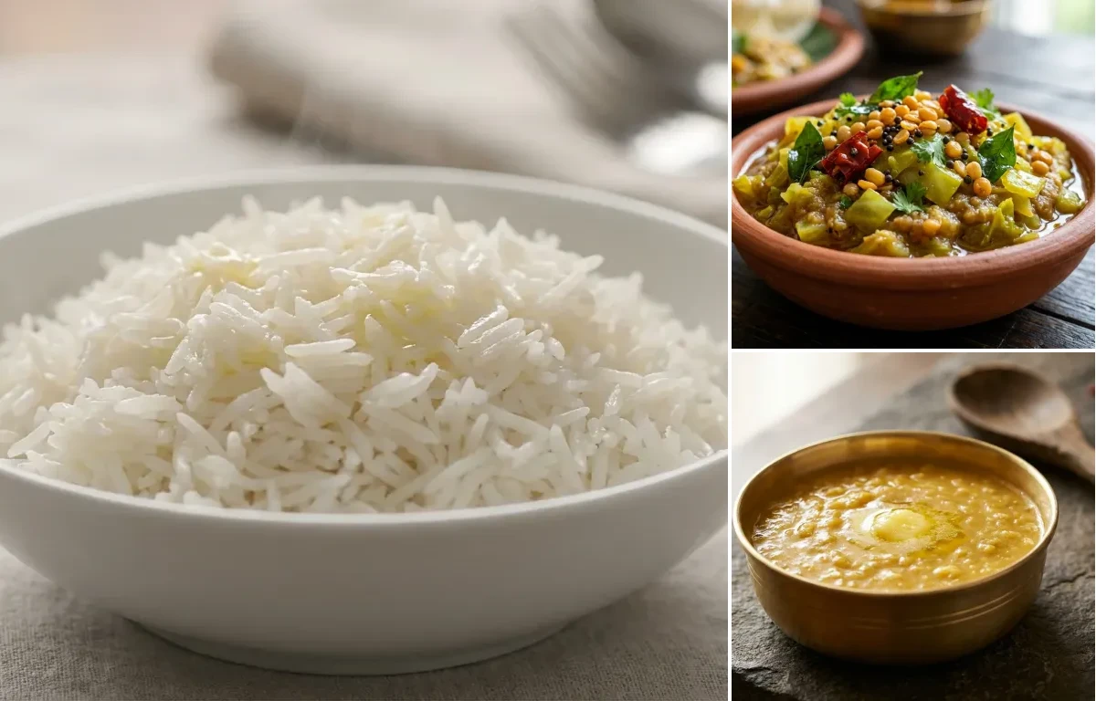 Steamed Basmati Rice with Cabbage Pachadi and Muddapappu