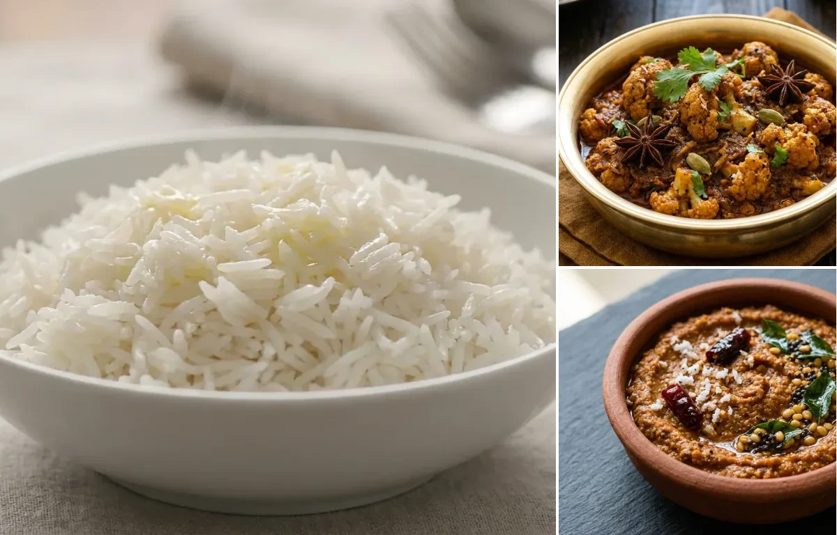 Steamed Basmati Rice with Chettinad Cauliflower Masala and Paruppu Thogayal