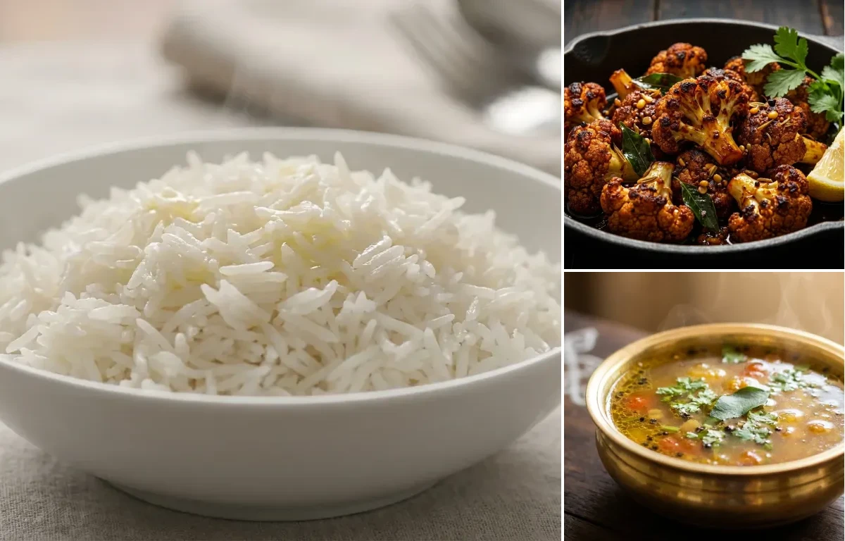 Steamed Basmati Rice with Chettinad Cauliflower Roast and Milagu Rasam