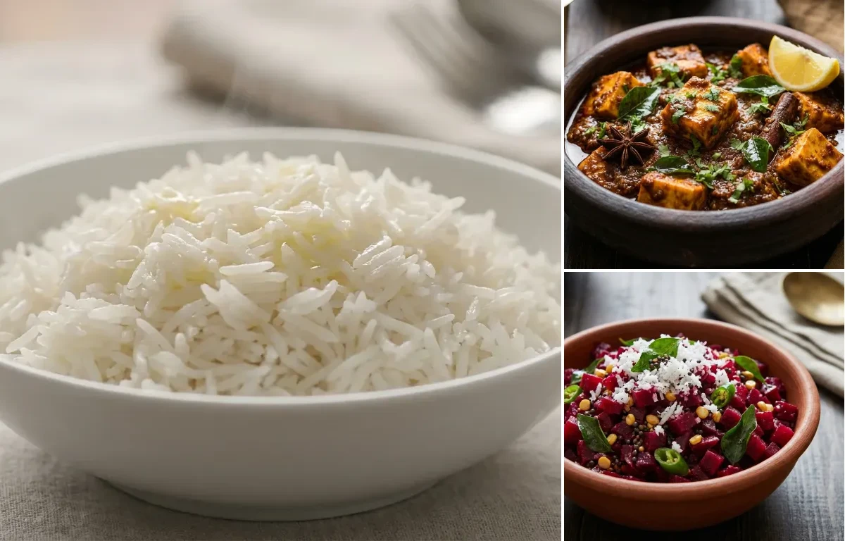 Steamed Basmati Rice with Chettinad Paneer Masala and Beetroot Poriyal