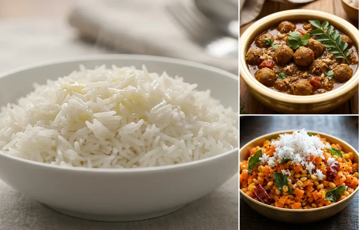 Steamed Basmati Rice with Chettinad Soya Chunks Curry and Carrot Poriyal