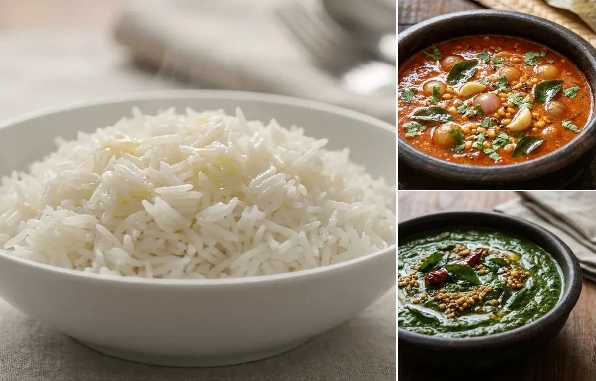 Steamed Basmati Rice with Chettinad Thakkali Kuzhambu and Keerai Masiyal