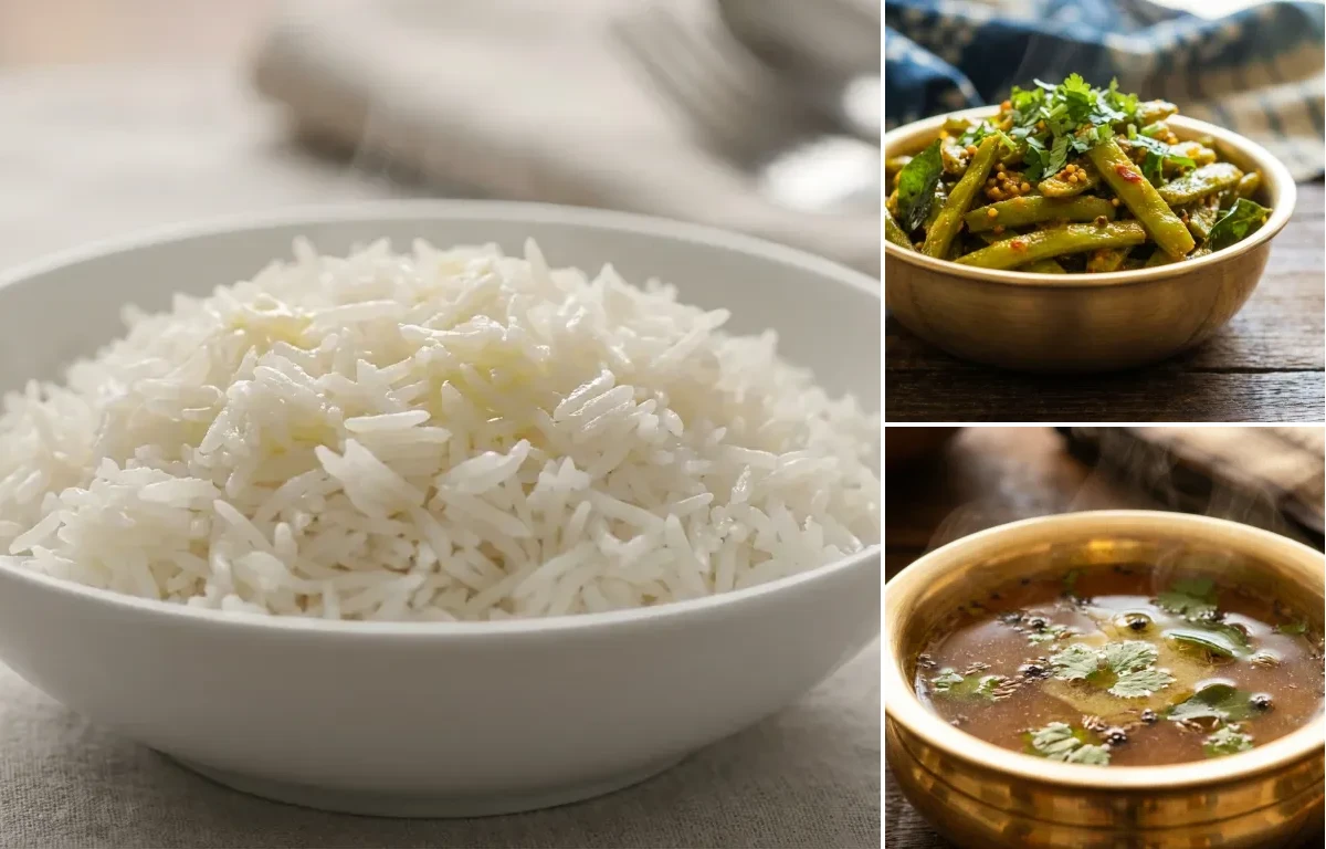 Steamed Basmati Rice with Chikkudukaya Kura and Pepper Rasam