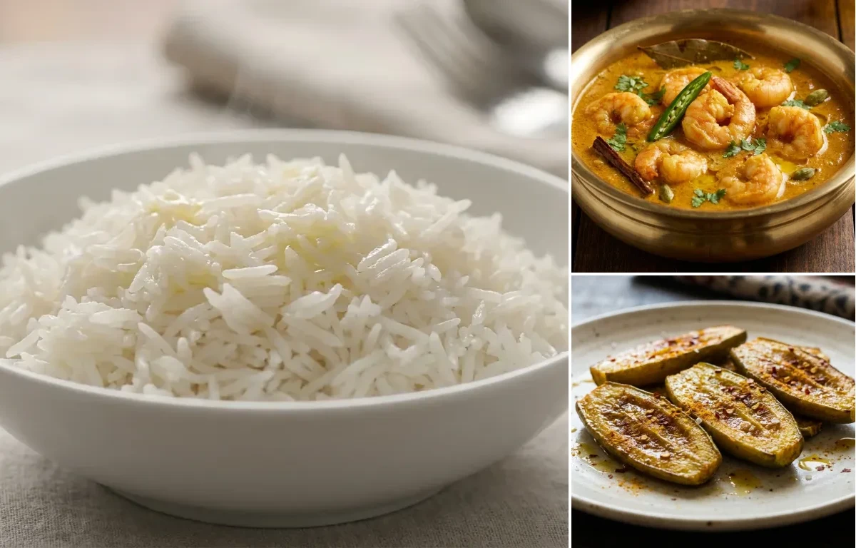 Steamed Basmati Rice with Chingri Malai Curry and Potol Bhaja