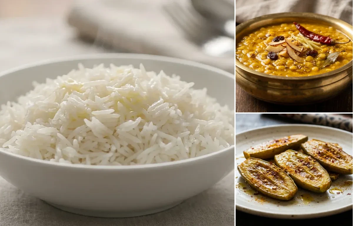 Steamed Basmati Rice with Cholar Dal and Potol Bhaja
