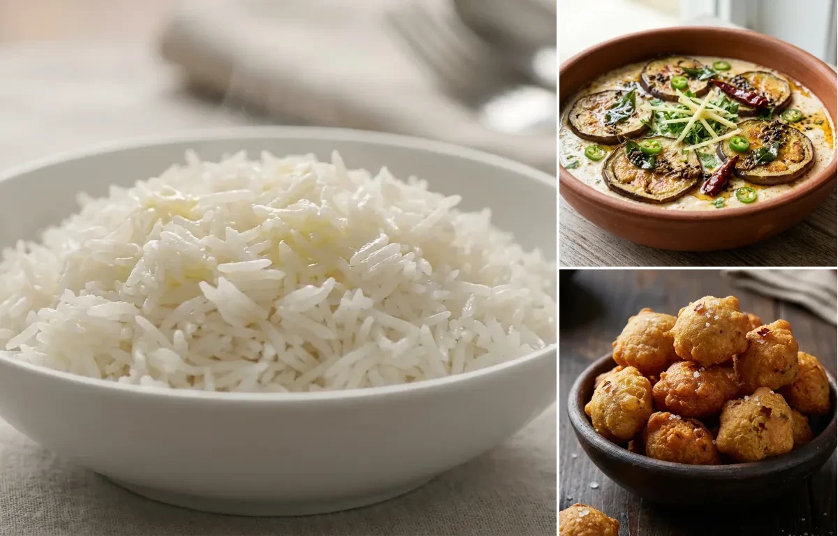 Steamed Basmati Rice with Dahi Baigana and Badi Bhaja