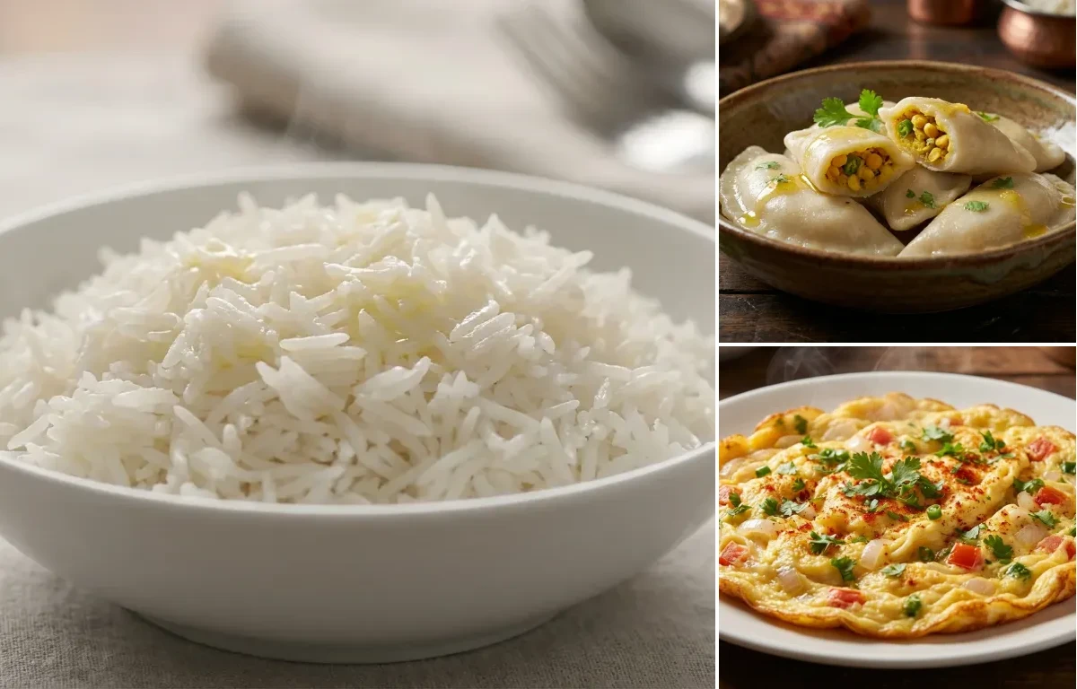Steamed Basmati Rice with Dal Pitha and Masala Omelette