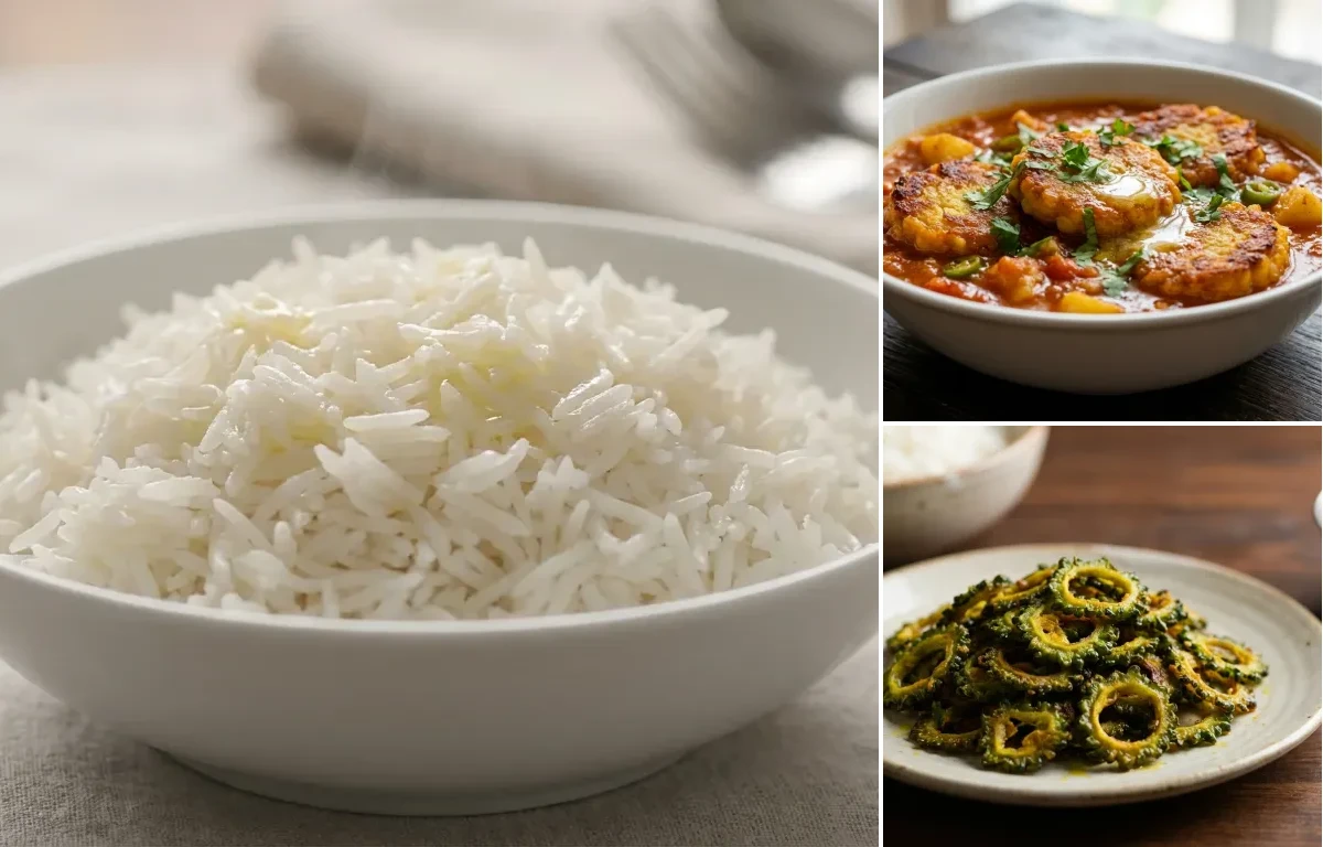 Steamed Basmati Rice with Dhokar Dalna and Uchhe Bhaja
