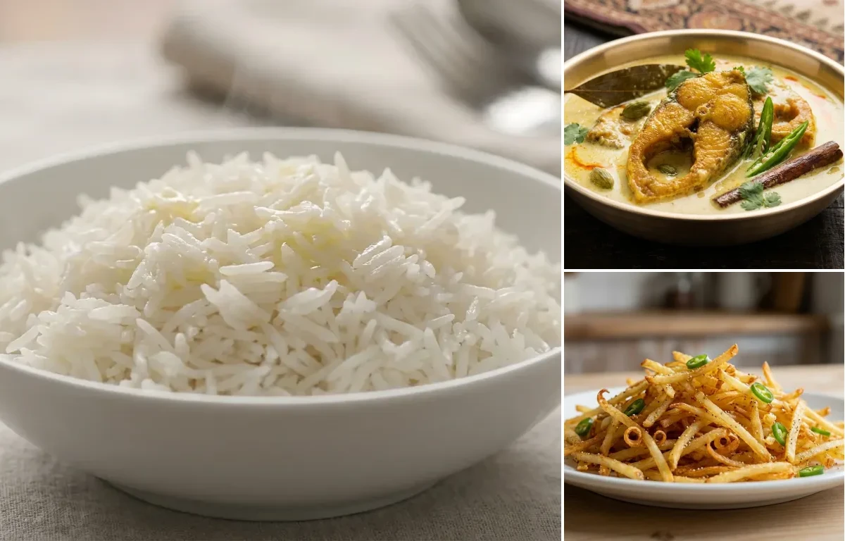 Steamed Basmati Rice with Doi Maach and Jhurjhure Aloo Bhaja