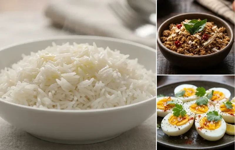 Steamed Basmati Rice with Dry Fish Chutney and Boiled Egg
