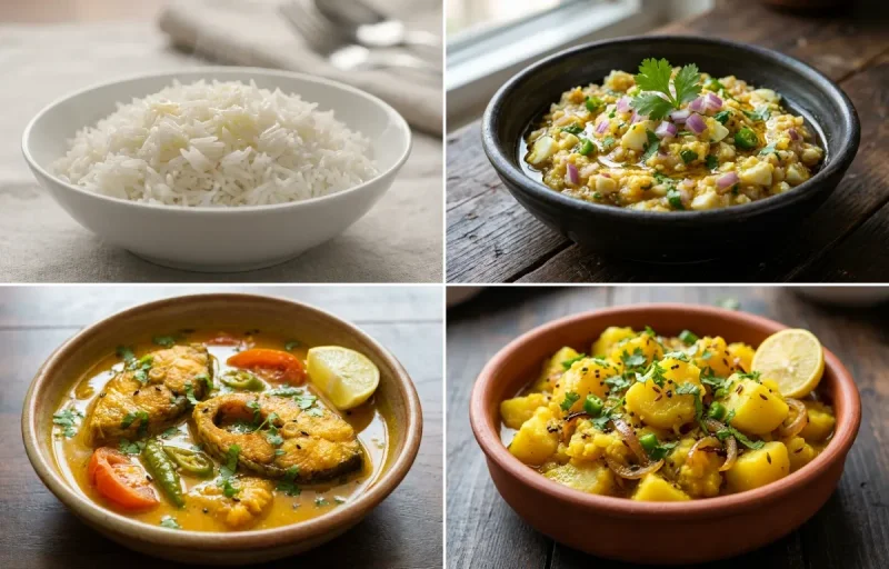 Steamed Basmati Rice with Egg Pitika, Masor Tenga and Aloo Bhaji