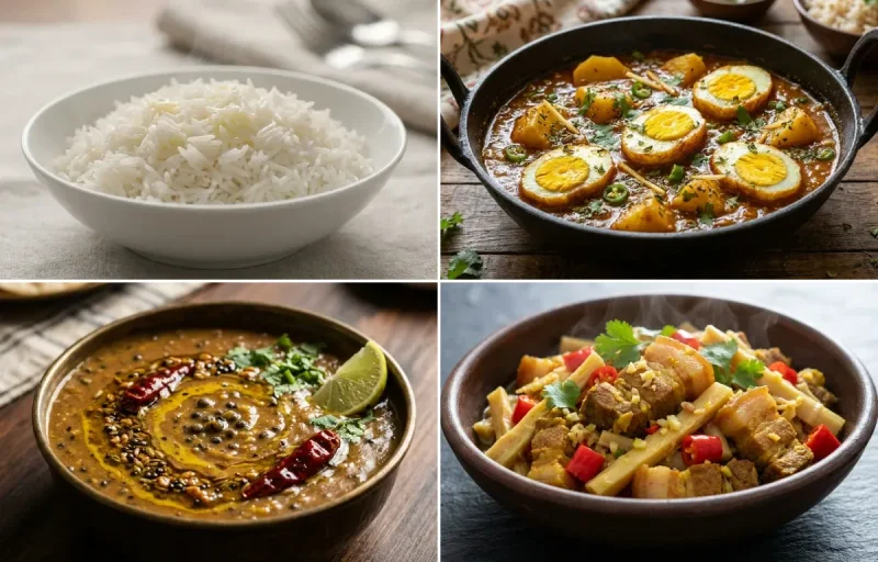 Steamed Basmati Rice with Egg Potato Curry, Mati Dal and Pork with Fermented Bamboo Shoot