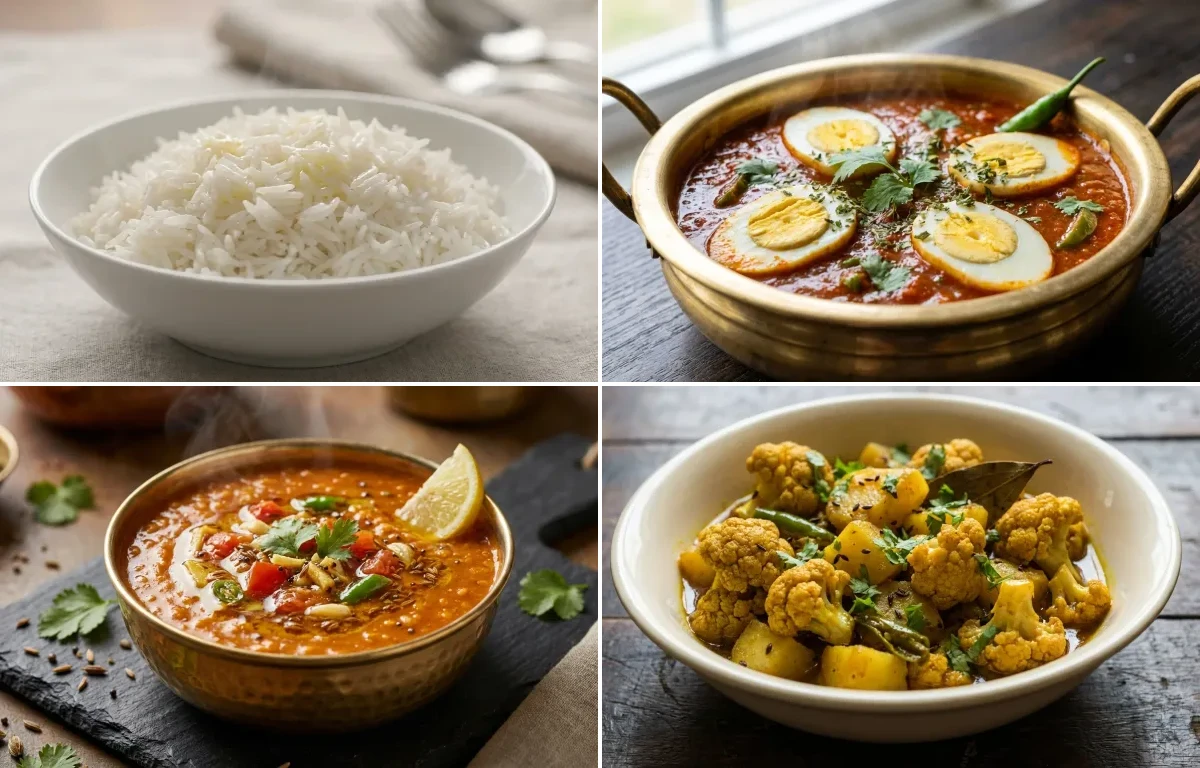 Steamed Basmati Rice with Egg Tomato Curry, Masoor Dal Tadka and Phoolkobi Bhaji