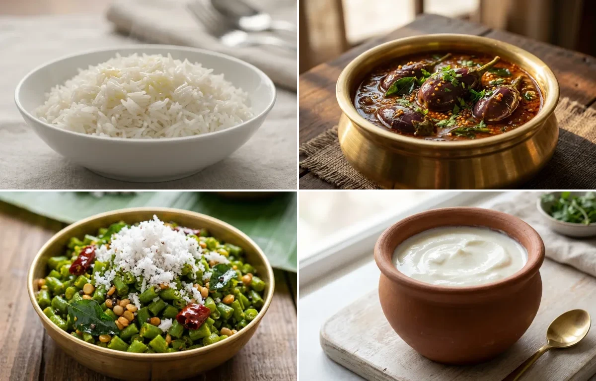 Steamed Basmati Rice with Ennai Kathirikai Kuzhambu, Beans Poriyal and Curd