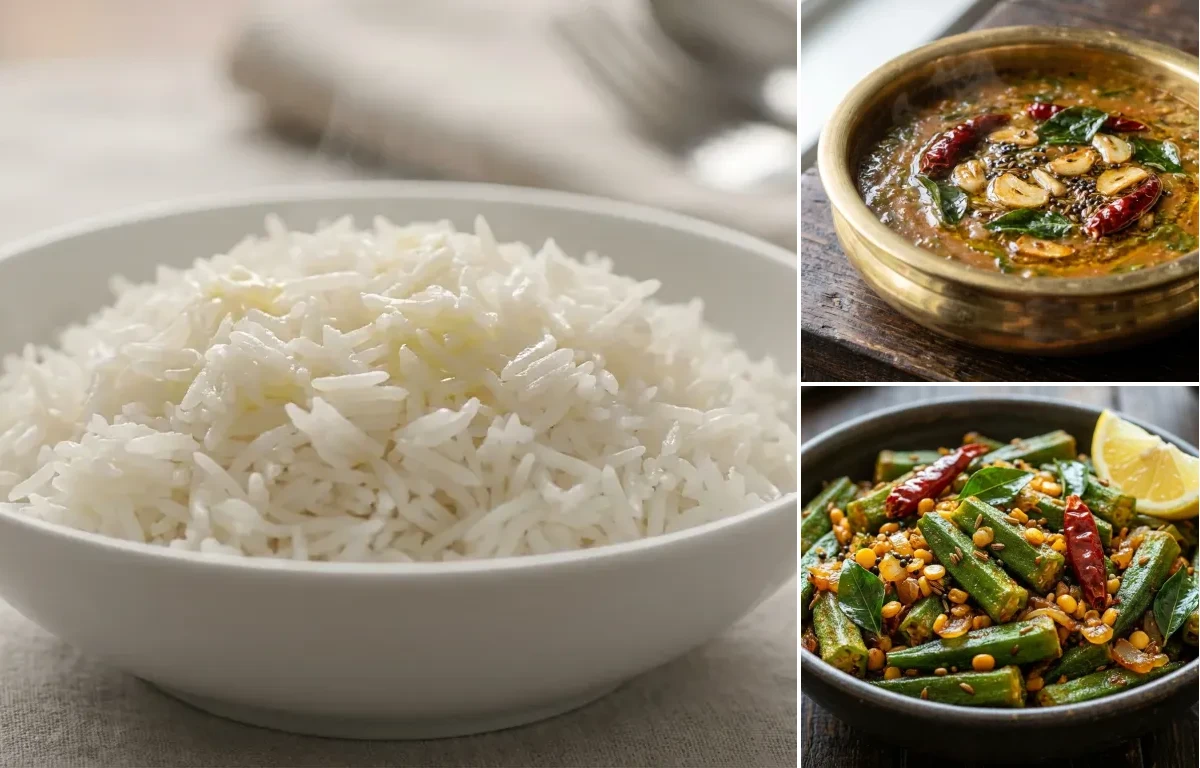 Steamed Basmati Rice with Gongura Dal and Bendakaya Fry