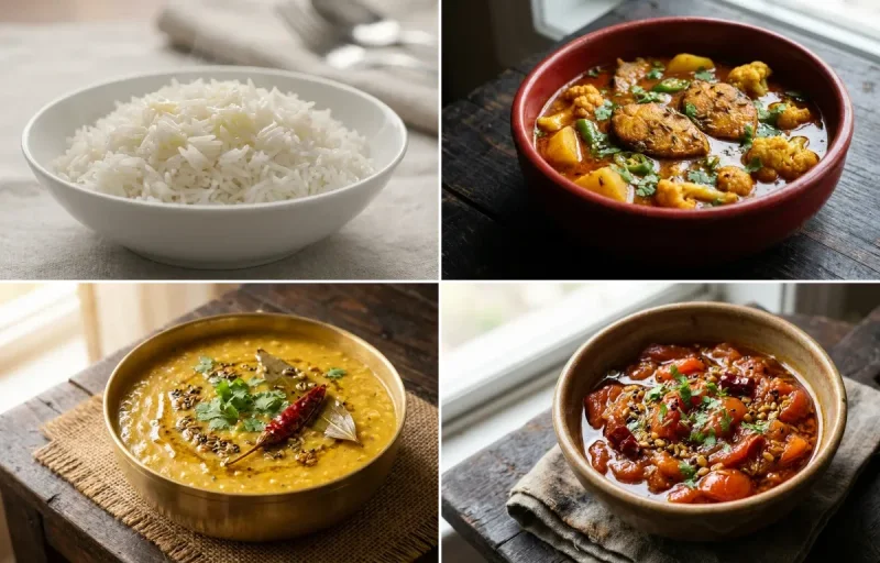 Steamed Basmati Rice with Goroi Maasor Anja, Bootor Dail and Bilahi Tok