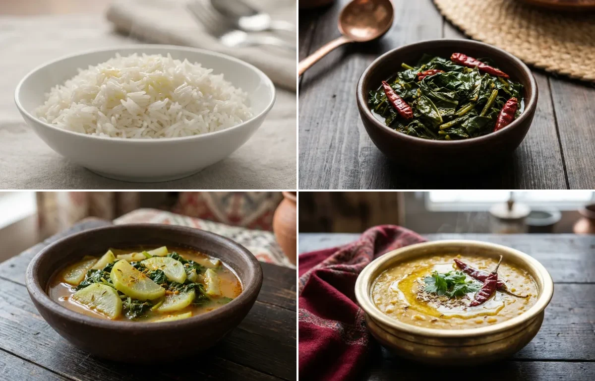 Steamed Basmati Rice with Haak Saag, Monji Haak and Kashmiri Dal