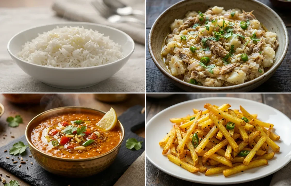 Steamed Basmati Rice with Hukoti Maas Pitika, Masoor Dal Tadka and Aloo Bhaja