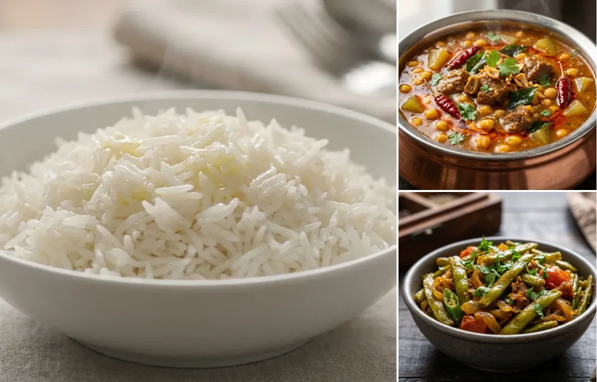 Steamed Basmati Rice with Hyderabadi Mutton Dalcha and Sem ki Phalli Fry