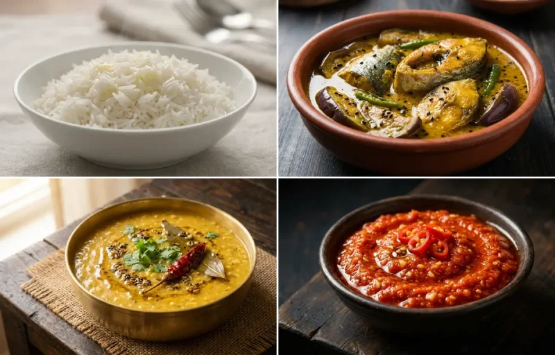 Steamed Basmati Rice with Ilish Maasor Anja, Bootor Dail and Bhut Jolokia Chutney