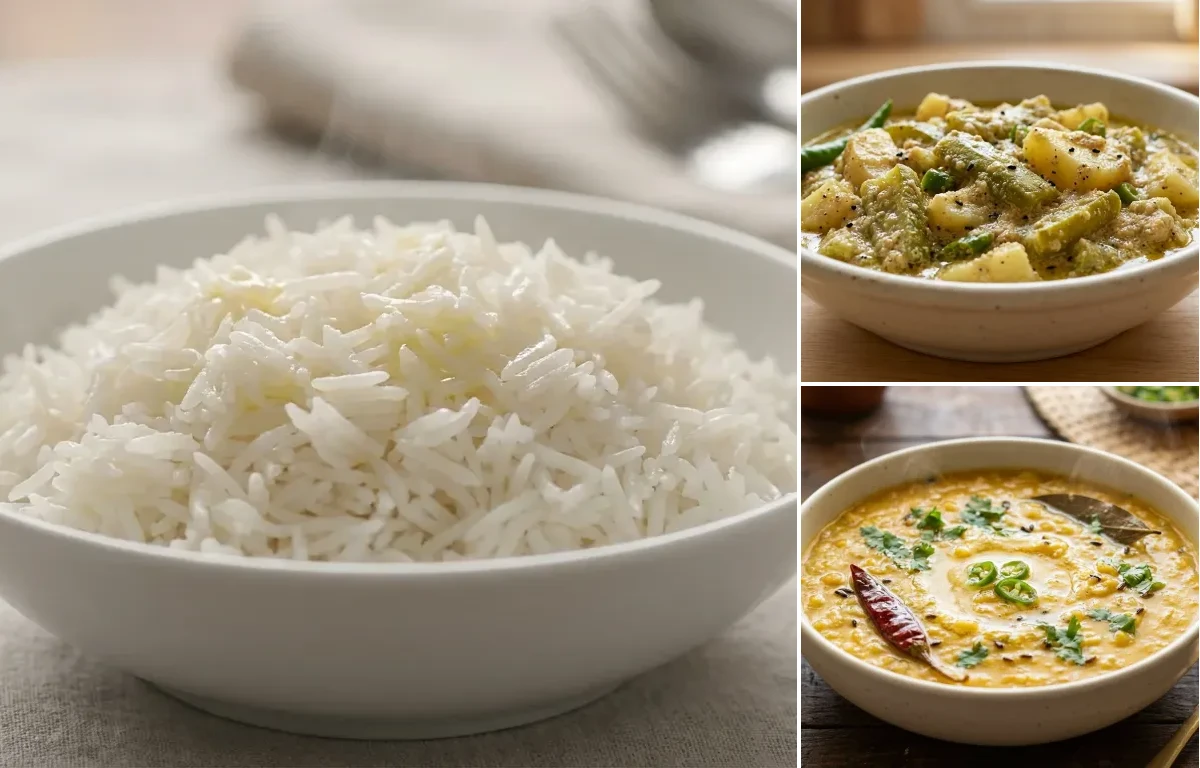 Steamed Basmati Rice with Jhinge Aloo Posto and Motor Dal