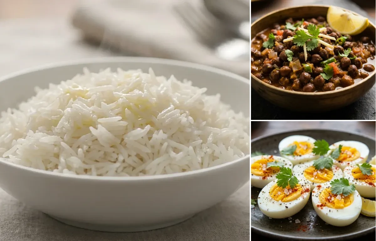 Steamed Basmati Rice with Kala Chana Ghugni and Boiled Egg