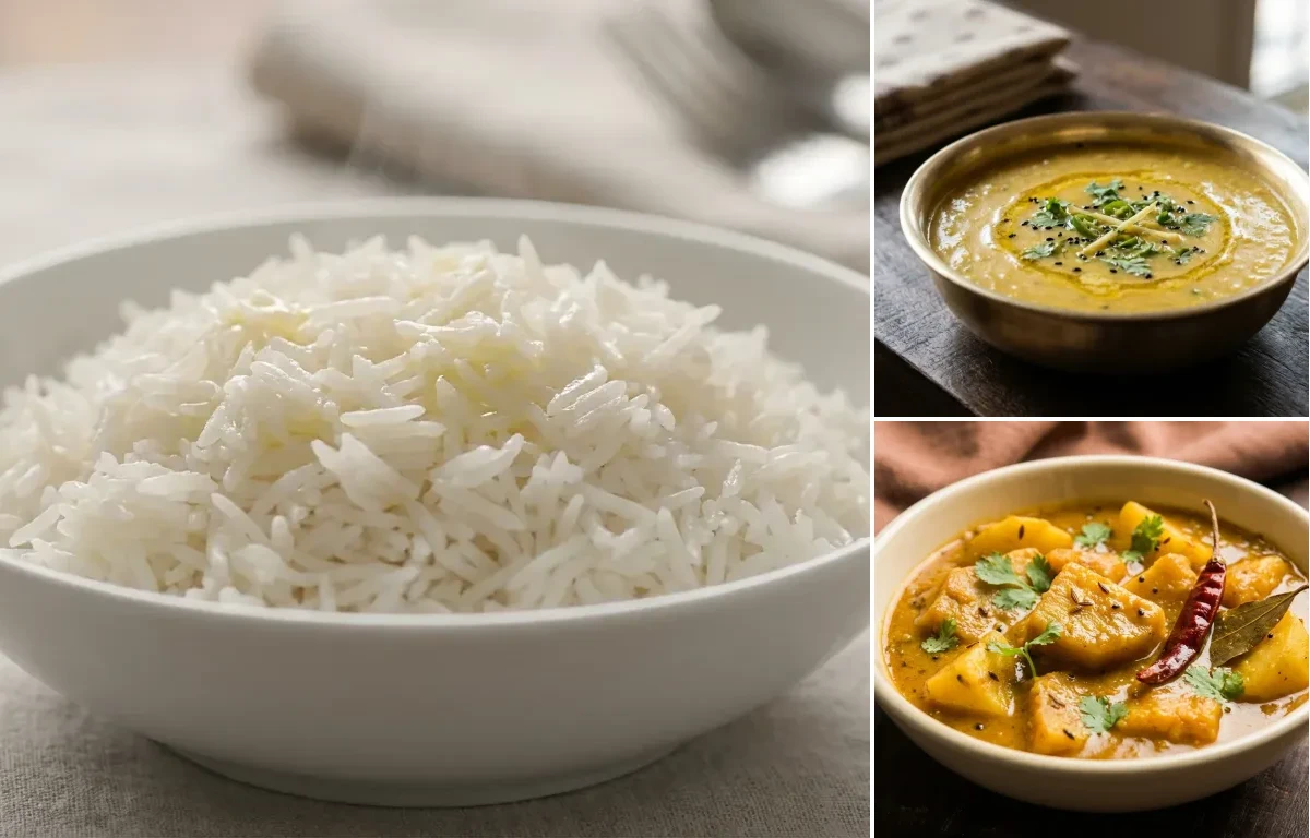Steamed Basmati Rice with Kancha Moong Dal and Bengali Yam Curry