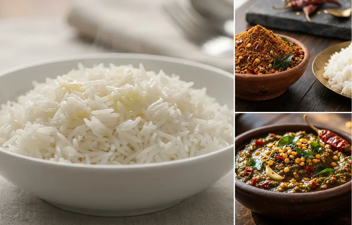 Steamed Basmati Rice with Kandi Podi and Gongura Pachadi