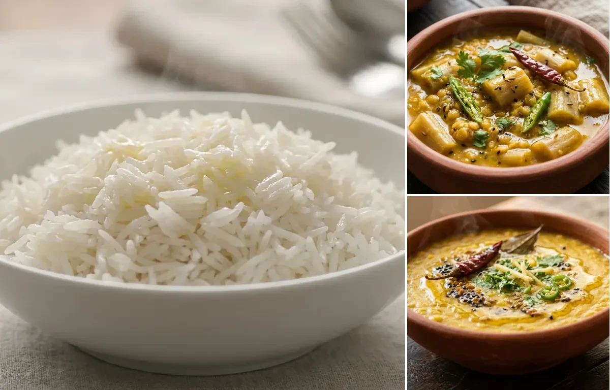 Steamed Basmati Rice with Kol Posola Khar and Matir Dal