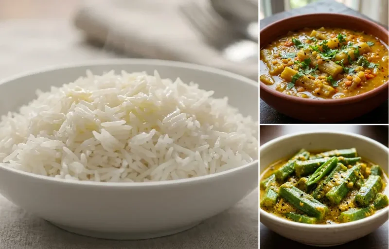 Steamed Basmati Rice with Kol Posolar Khar and Bhendir Sorsori