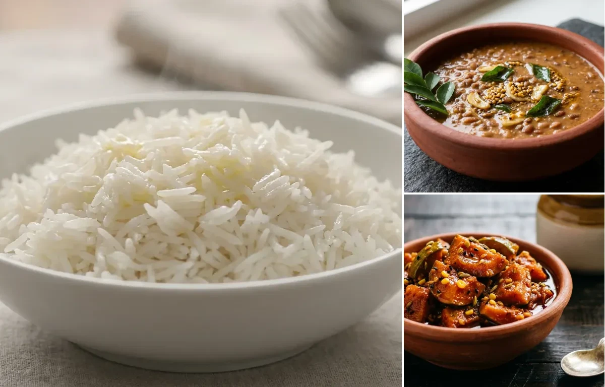 Steamed Basmati Rice with Kulith Koddel and Mango Pickle