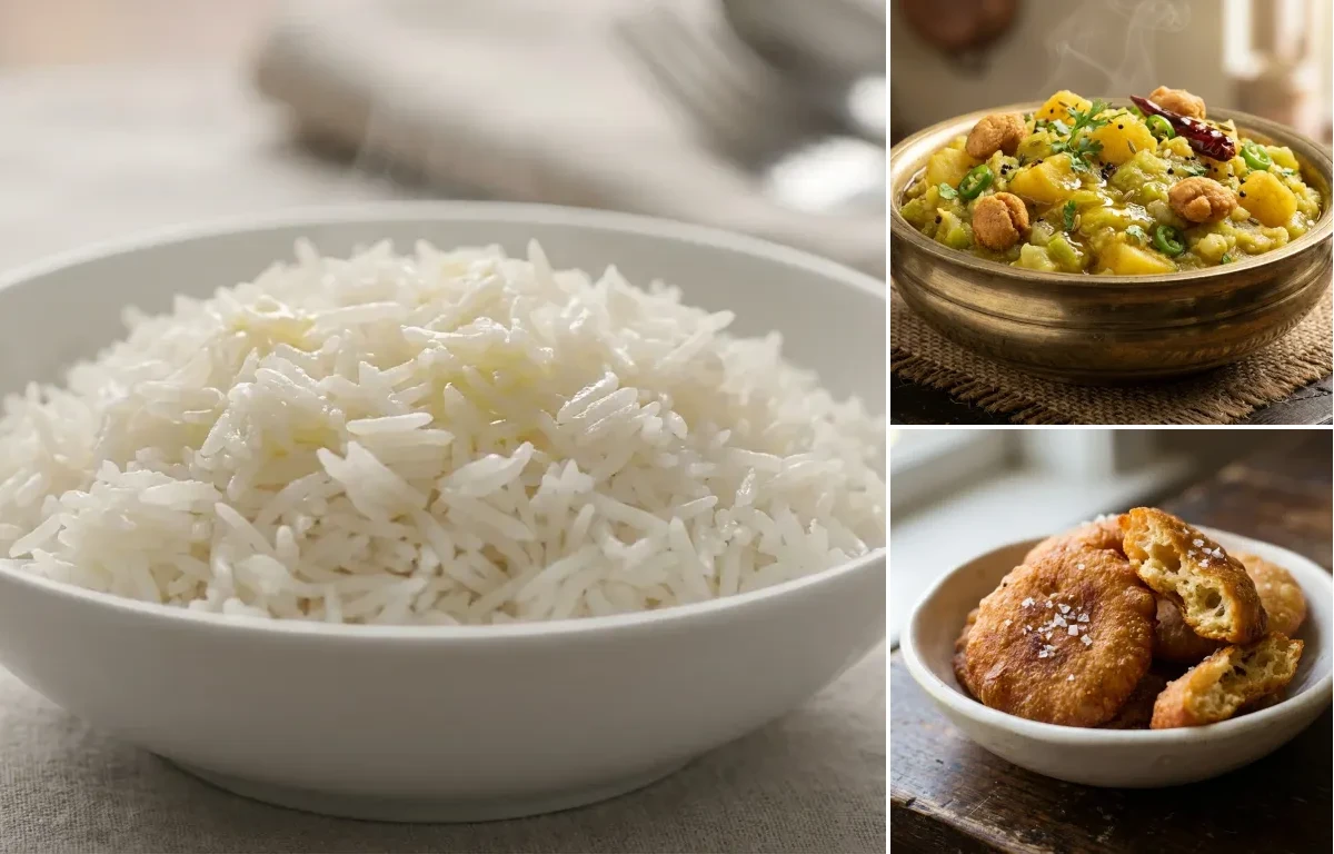 Steamed Basmati Rice with Lau Ghonto and Bori Bhaja