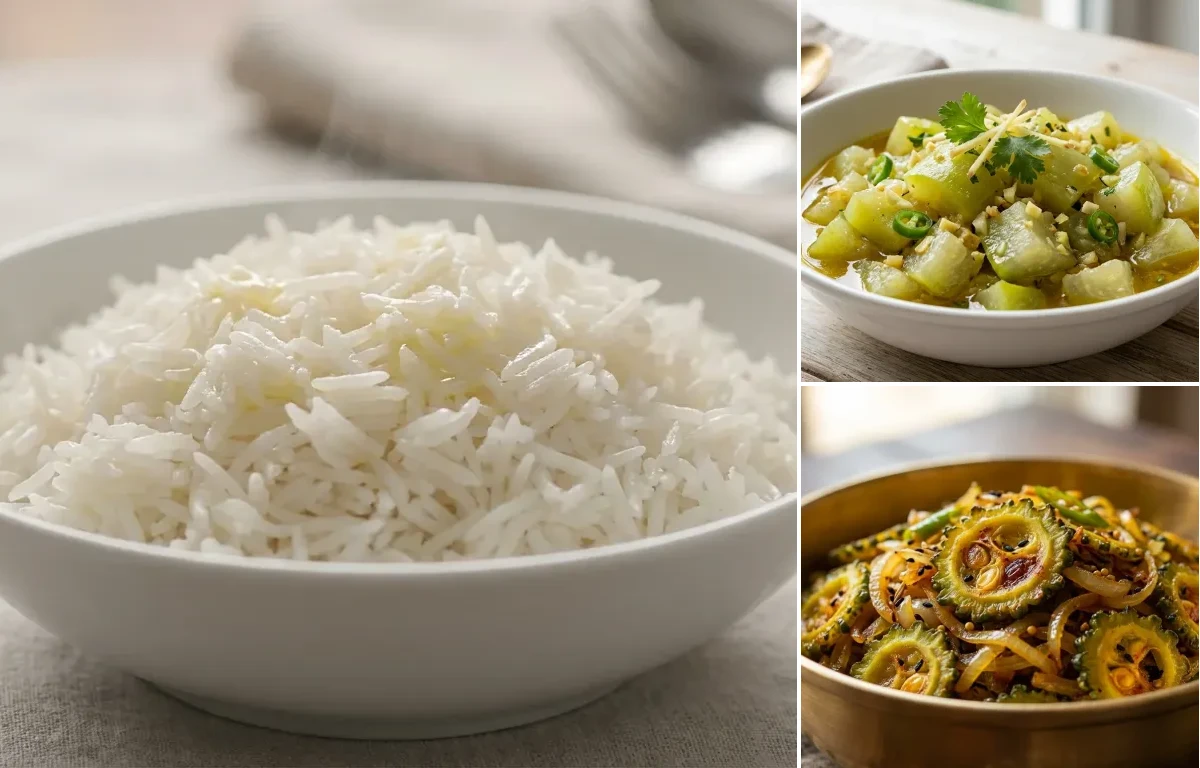 Steamed Basmati Rice with Lau Khar and Tita Karela Bhaji