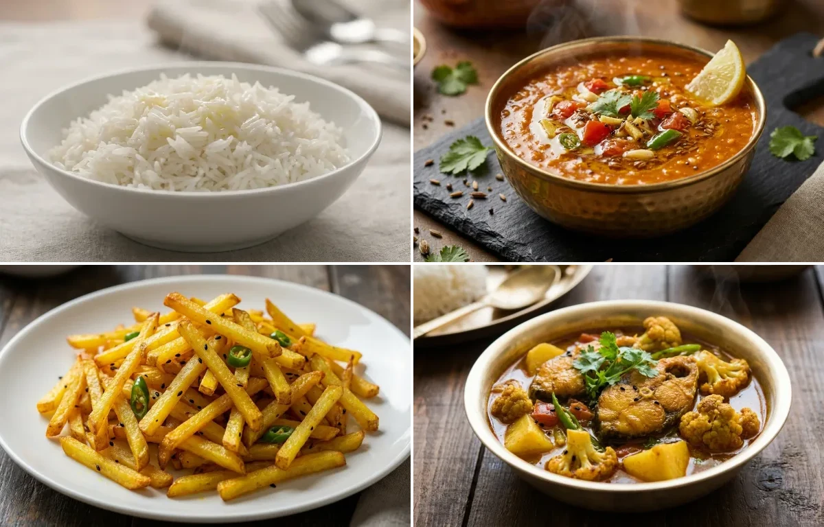 Steamed Basmati Rice with Masoor Dal Tadka, Aloo Bhaja and Bengali Fish Curry