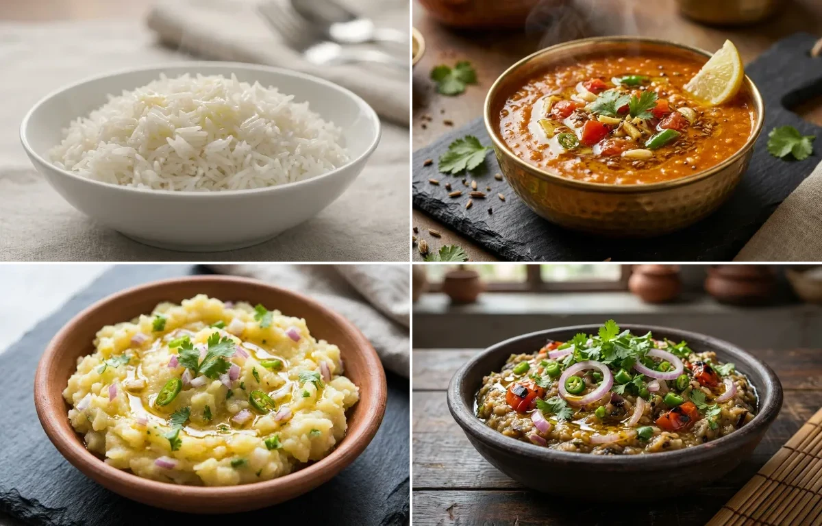 Steamed Basmati Rice with Masoor Dal Tadka, Aloo Pitika, Bengena Pitika and Egg Tomato Mash