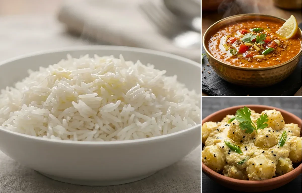Steamed Basmati Rice with Masoor Dal Tadka and Aloo Posto