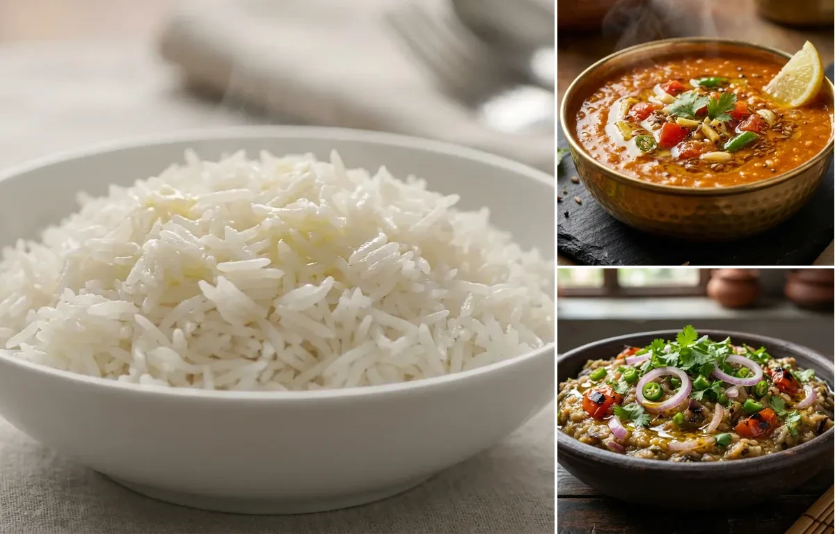 Steamed Basmati Rice with Masoor Dal Tadka and Bengena Pitika