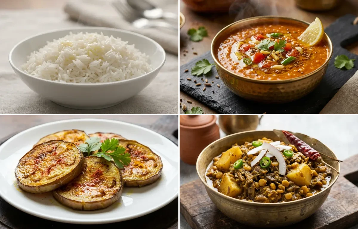 Steamed Basmati Rice with Masoor Dal Tadka, Begun Bhaja, Mochar Ghonto and Aamer Chutney