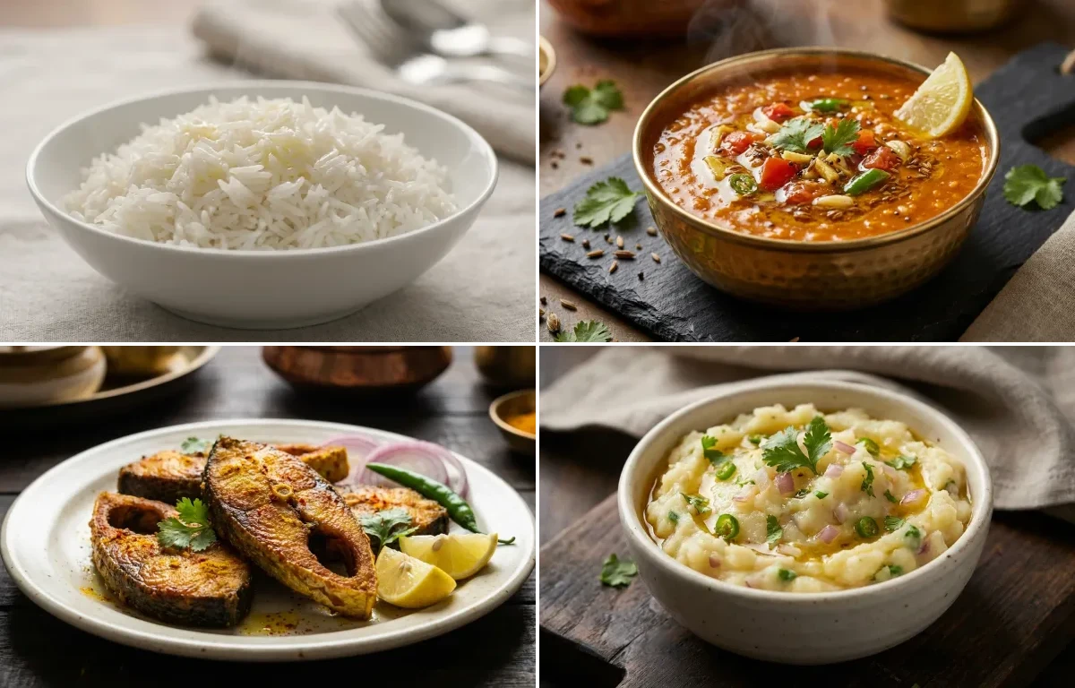 Steamed Basmati Rice with Masoor Dal Tadka, Bengali Maach Bhaja and Aloo Seddho Makha