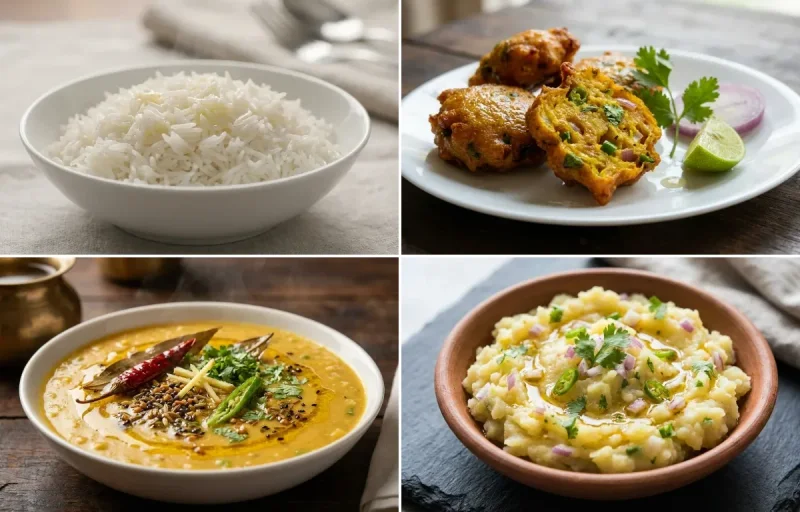 Steamed Basmati Rice with Masor Koni Bhaja, Matar Dal, Aloo Pitika and Teetaphool Bhaji