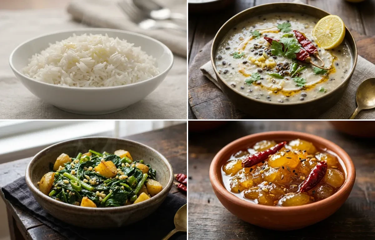 Steamed Basmati Rice with Matimahor Dal, Lai Xaak Bhaji and Jolphai Chutney