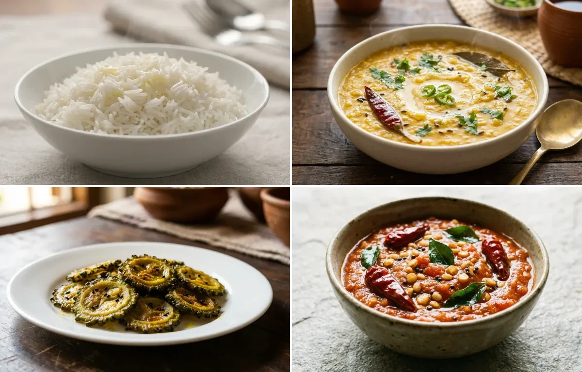 Steamed Basmati Rice with Motor Dal, Ucche Bhaja and Tomato Chutney