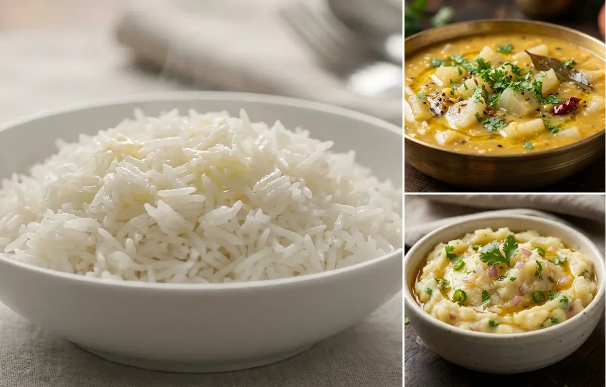 Steamed Basmati Rice with Mulo Diye Motor Dal and Aloo Seddho Makha
