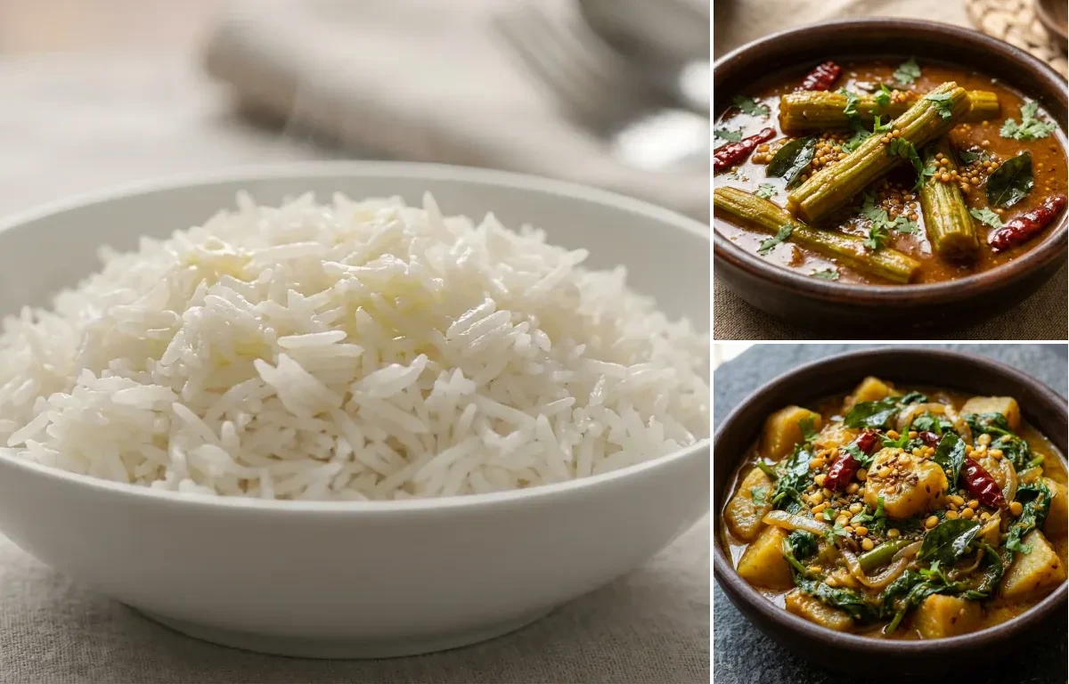 Steamed Basmati Rice with Munakkaya Pulusu and Kanda Bachali Kura